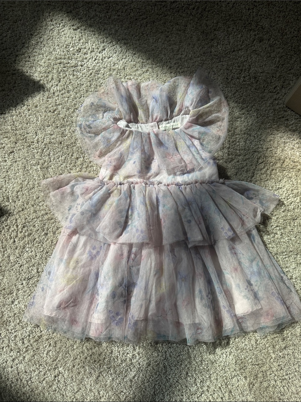 Girls' Pastel Floral Layered Tulle Dress - Pink